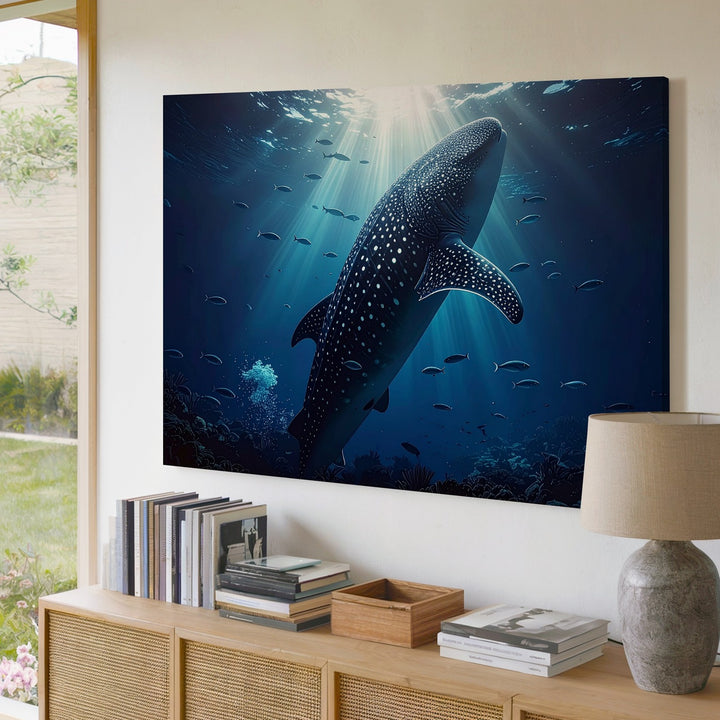 Whale Shark Ascending Canvas – Vertical Underwater Ocean Photography - Gifitto