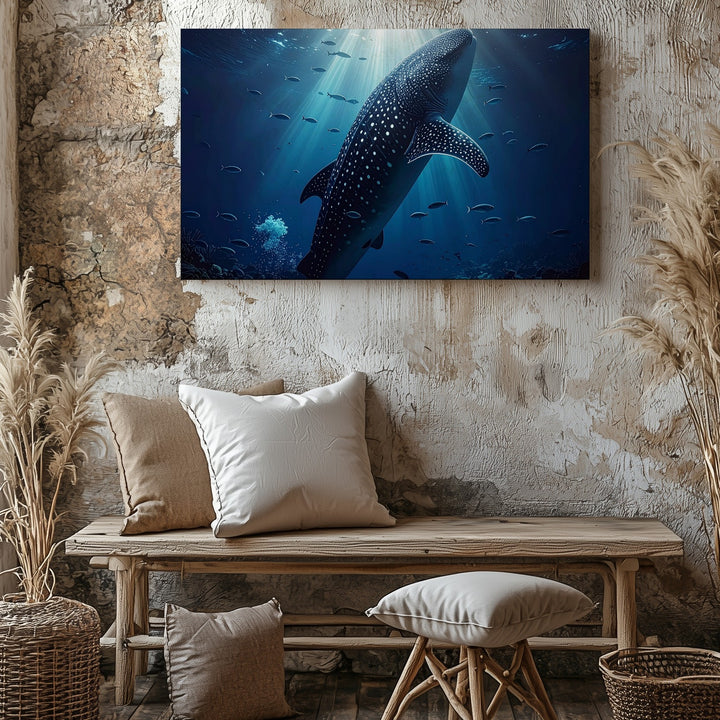 Whale Shark Ascending Canvas – Vertical Underwater Ocean Photography - Gifitto