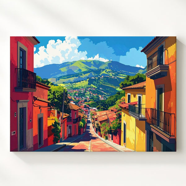 Sunlit Hillside Street Canvas – Vibrant Pop-Art Townscape with Bold Colors