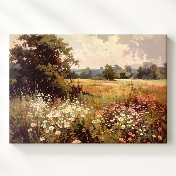 Vintage Meadow in Bloom – Wistful Wildflower Landscape Canvas - Gifitto