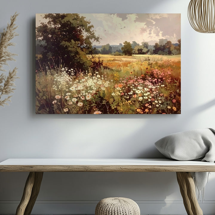 Vintage Meadow in Bloom – Wistful Wildflower Landscape Canvas - Gifitto