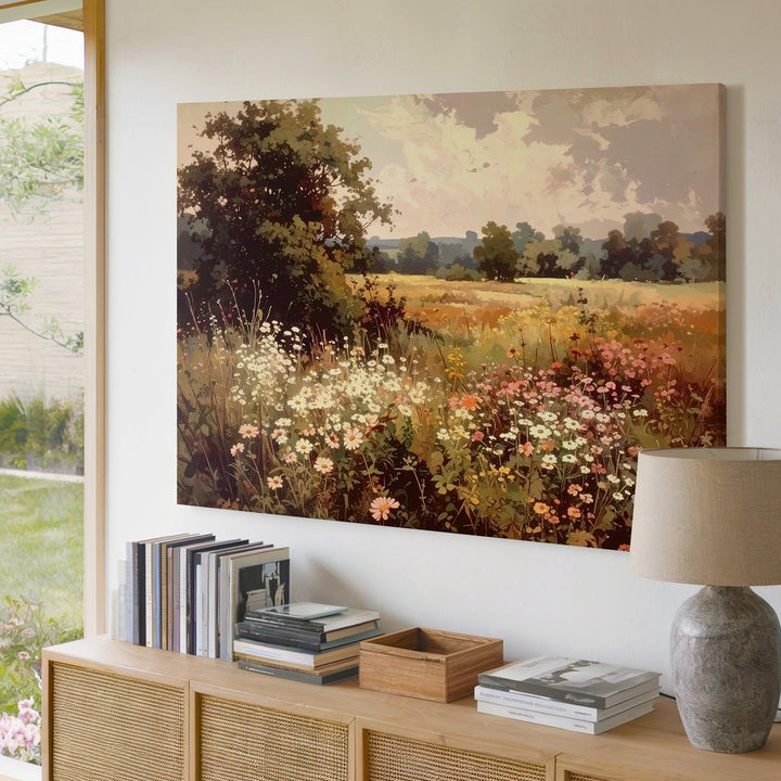 Vintage Meadow in Bloom – Wistful Wildflower Landscape Canvas - Gifitto