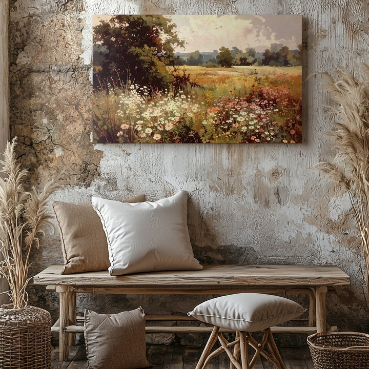 Vintage Meadow in Bloom – Wistful Wildflower Landscape Canvas - Gifitto