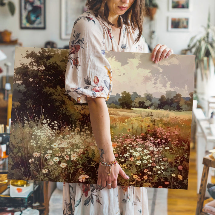 Vintage Meadow in Bloom – Wistful Wildflower Landscape Canvas - Gifitto
