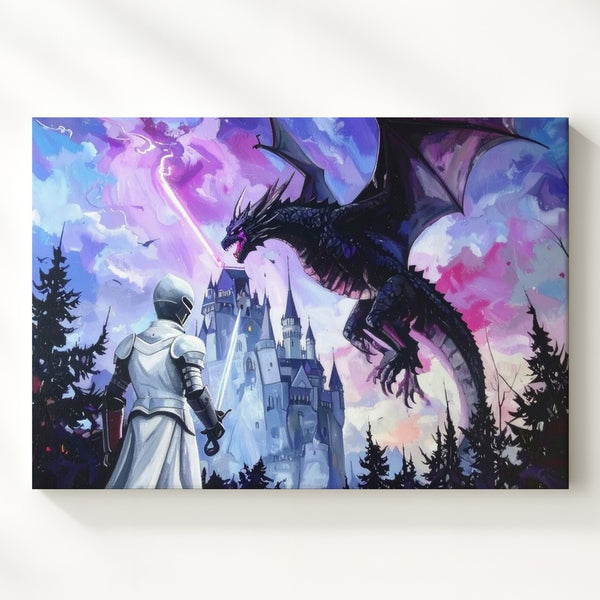 Knight vs. Shadow Dragon Canvas – Epic Fantasy Castle Battle Wall Art - Gifitto