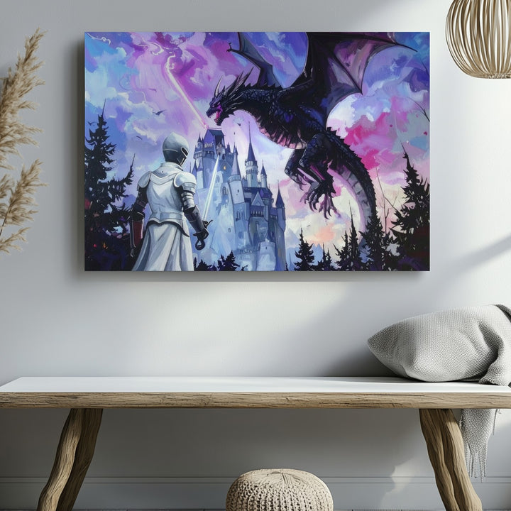 Knight vs. Shadow Dragon Canvas – Epic Fantasy Castle Battle Wall Art - Gifitto