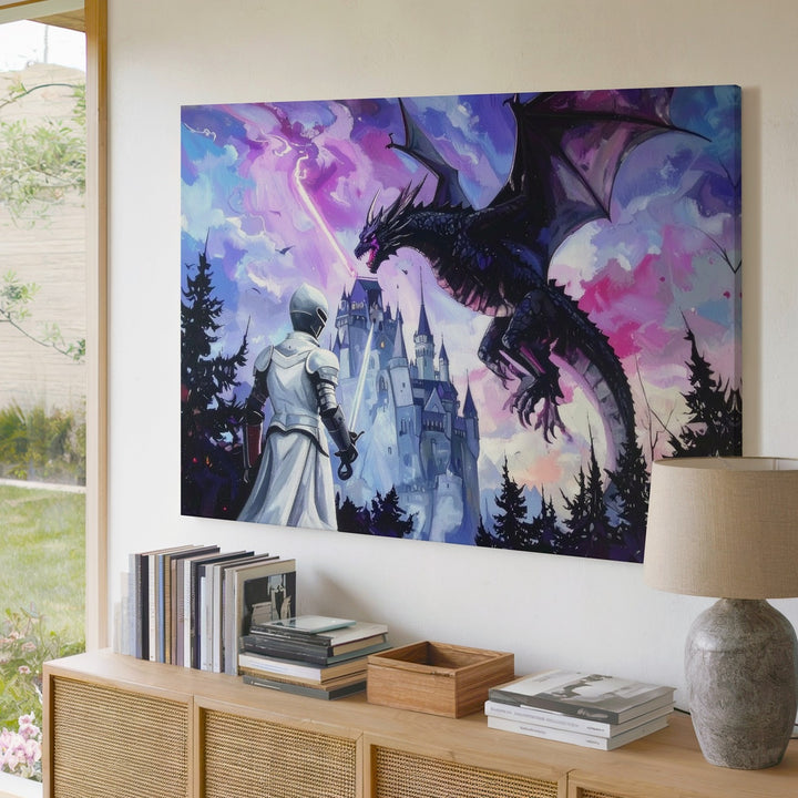 Knight vs. Shadow Dragon Canvas – Epic Fantasy Castle Battle Wall Art - Gifitto