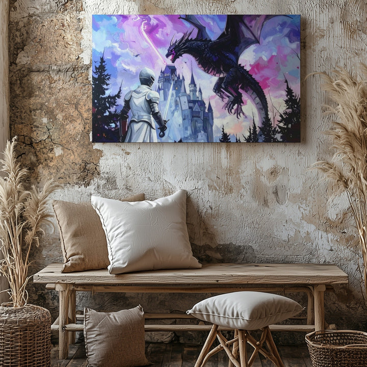 Knight vs. Shadow Dragon Canvas – Epic Fantasy Castle Battle Wall Art - Gifitto