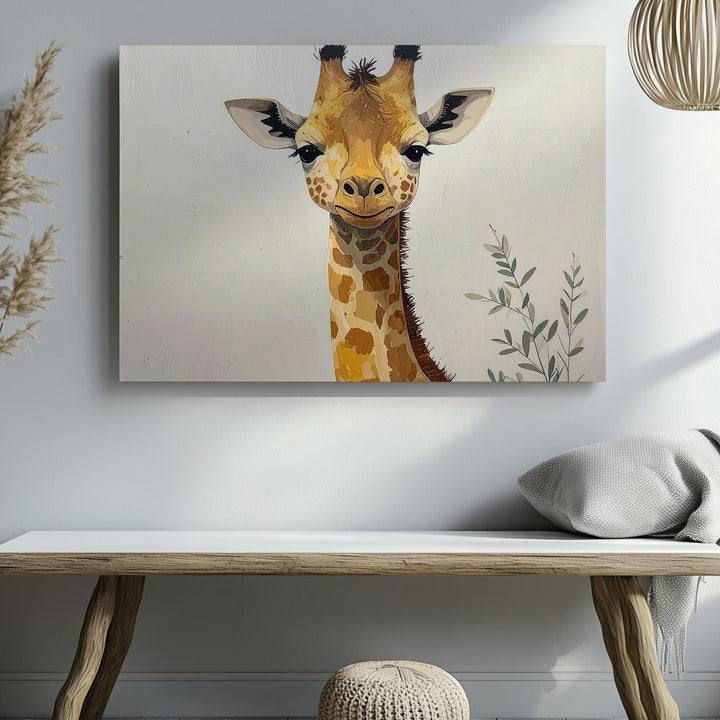 Baby Giraffe with Branch Canvas – Pastel Nursery Wall Art - Gifitto