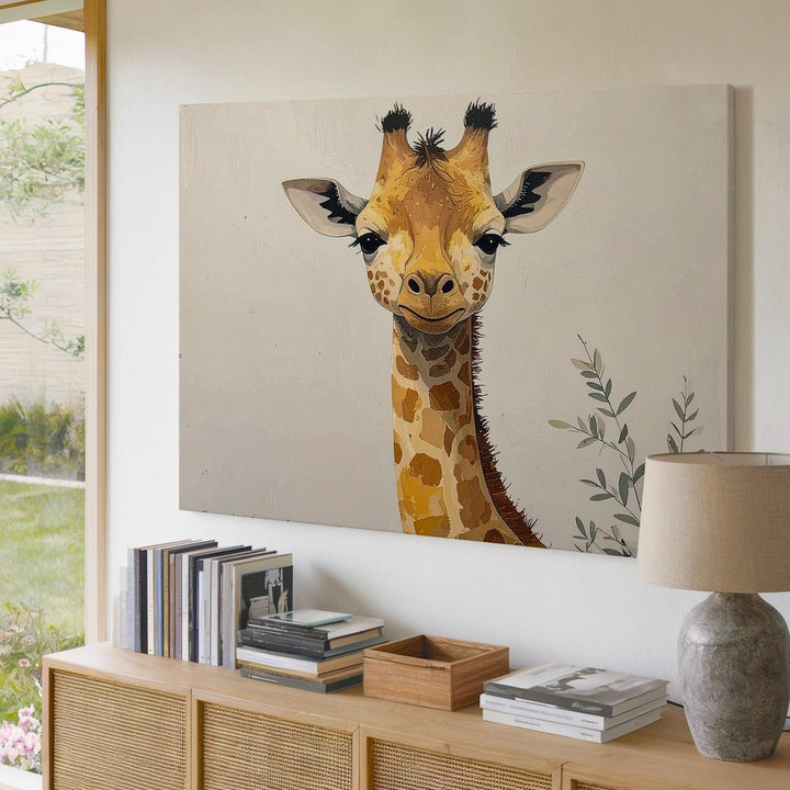 Baby Giraffe with Branch Canvas – Pastel Nursery Wall Art - Gifitto