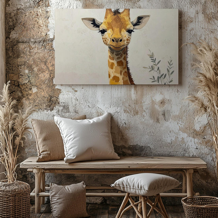 Baby Giraffe with Branch Canvas – Pastel Nursery Wall Art - Gifitto