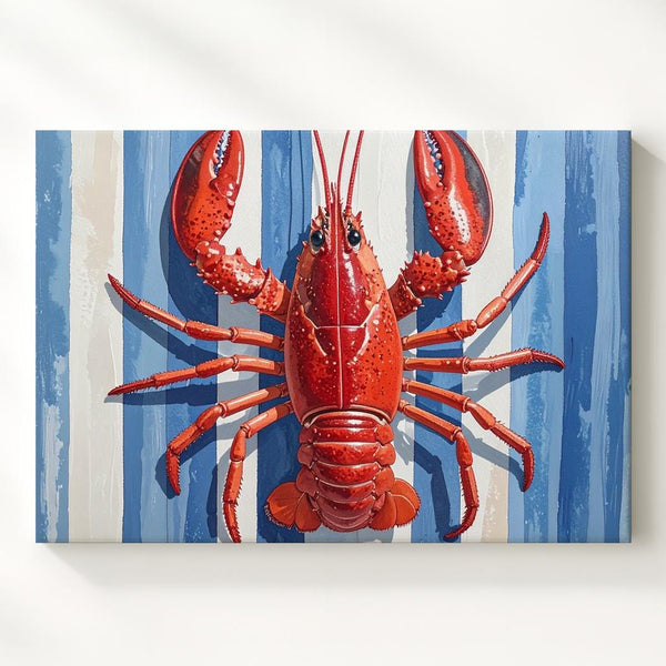 Nautical Lobster Canvas – Bold Red Lobster on Blue & White Striped Background - Gifitto