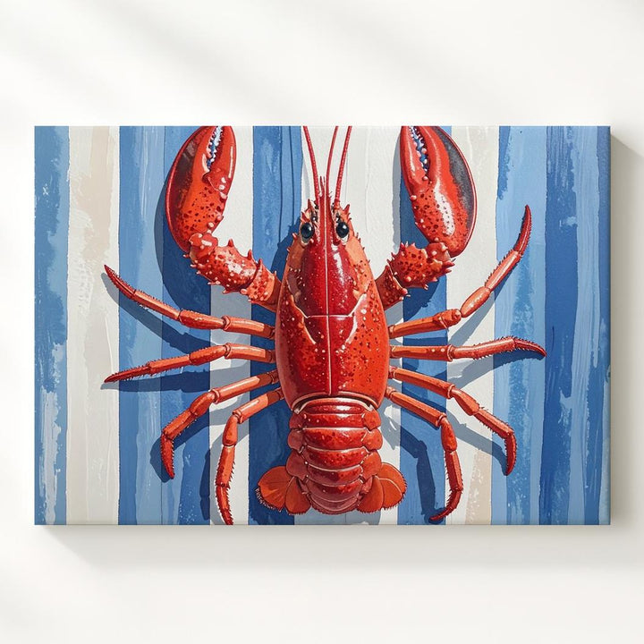 Nautical Lobster Canvas – Bold Red Lobster on Blue & White Striped Background - Gifitto