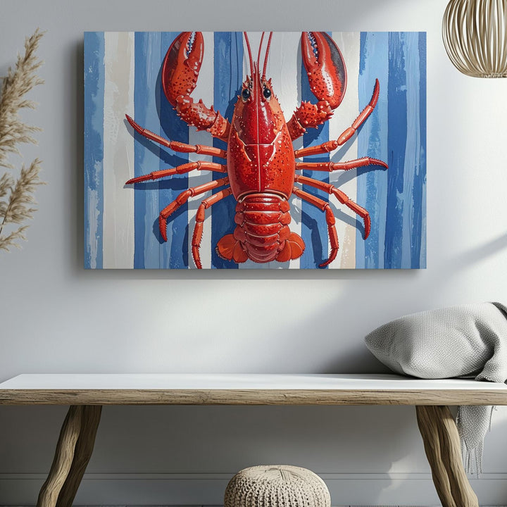 Nautical Lobster Canvas – Bold Red Lobster on Blue & White Striped Background - Gifitto