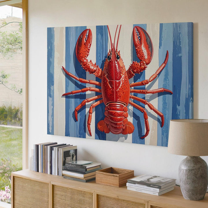 Nautical Lobster Canvas – Bold Red Lobster on Blue & White Striped Background - Gifitto