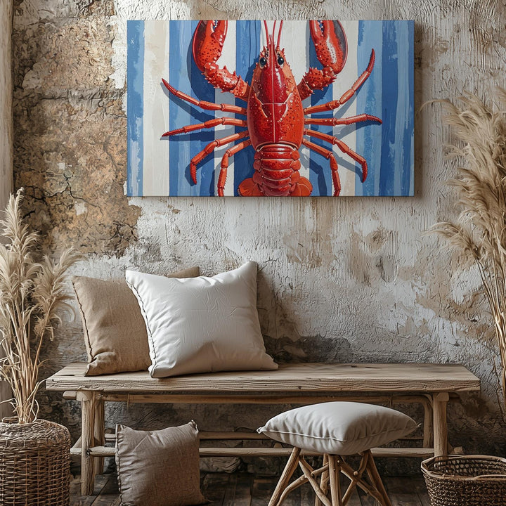 Nautical Lobster Canvas – Bold Red Lobster on Blue & White Striped Background - Gifitto