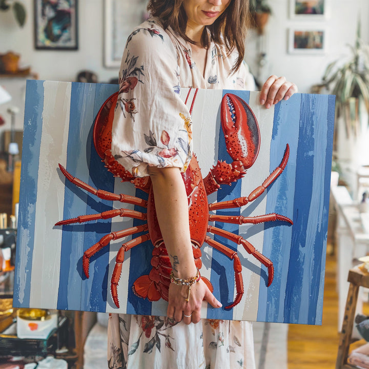 Nautical Lobster Canvas – Bold Red Lobster on Blue & White Striped Background - Gifitto