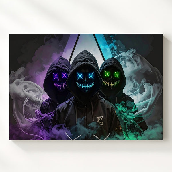 Neon Hooded Figures Canvas – Cyberpunk Masked Trio Wall Art - Gifitto
