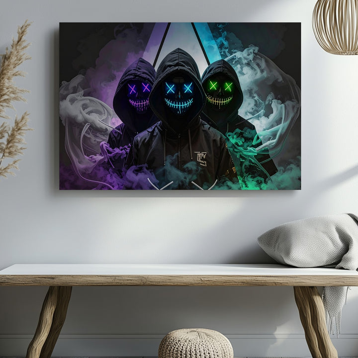 Neon Hooded Figures Canvas – Cyberpunk Masked Trio Wall Art - Gifitto