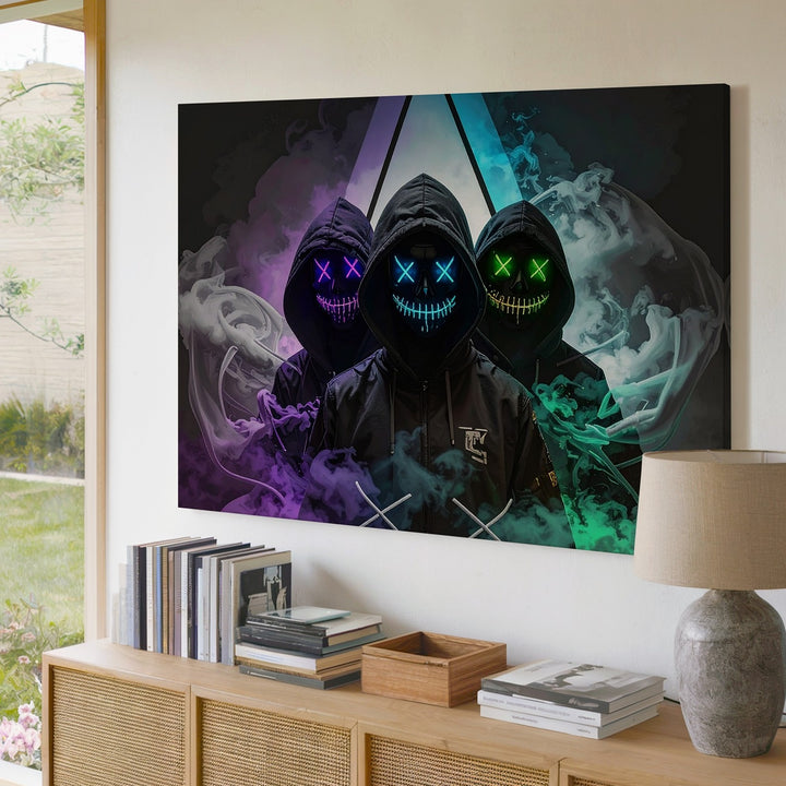 Neon Hooded Figures Canvas – Cyberpunk Masked Trio Wall Art - Gifitto