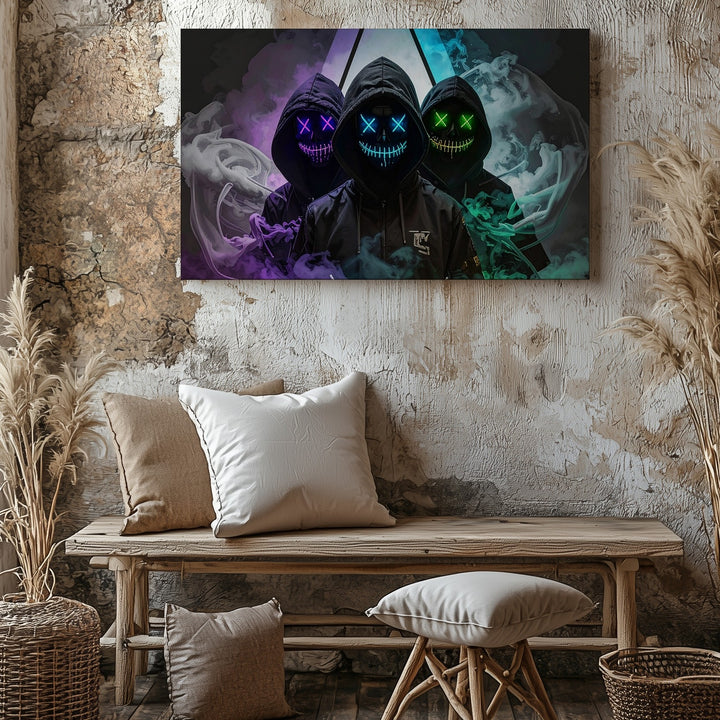 Neon Hooded Figures Canvas – Cyberpunk Masked Trio Wall Art - Gifitto