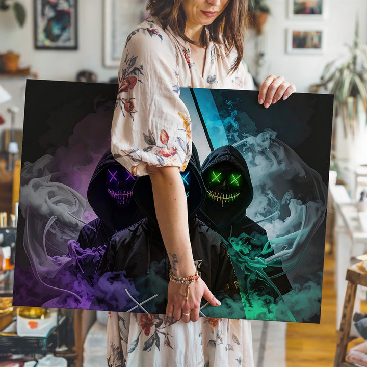 Neon Hooded Figures Canvas – Cyberpunk Masked Trio Wall Art - Gifitto