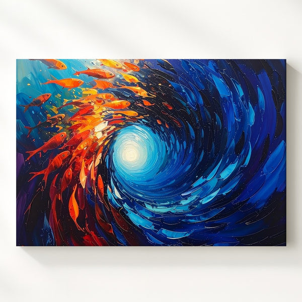 Vortex of Life Canvas – Abstract Swirling School of Colorful Fish