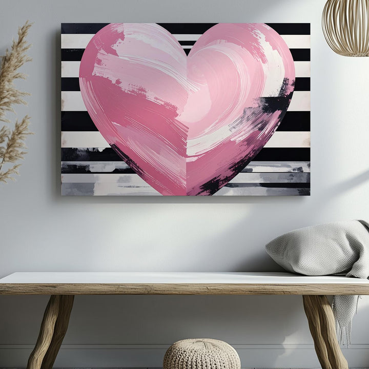 Striped Heart Canvas – Modern Chic Wall Art with Painted Pink Heart - Gifitto