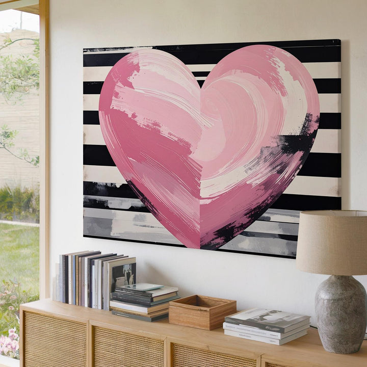 Striped Heart Canvas – Modern Chic Wall Art with Painted Pink Heart - Gifitto