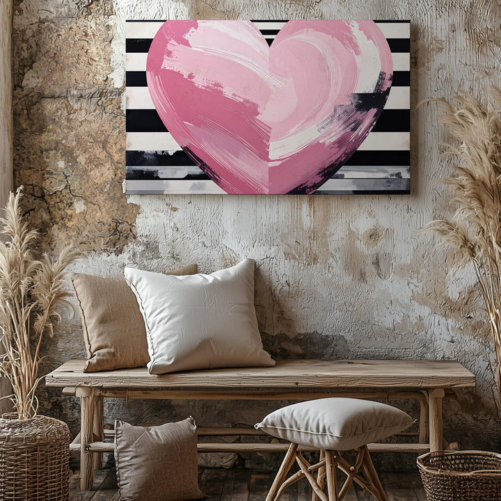 Striped Heart Canvas – Modern Chic Wall Art with Painted Pink Heart - Gifitto