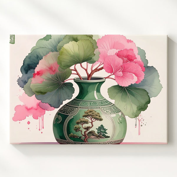 Whimsical Vase & Bloom Canvas – Minimalist Watercolor with Asian Landscape Motif - Gifitto
