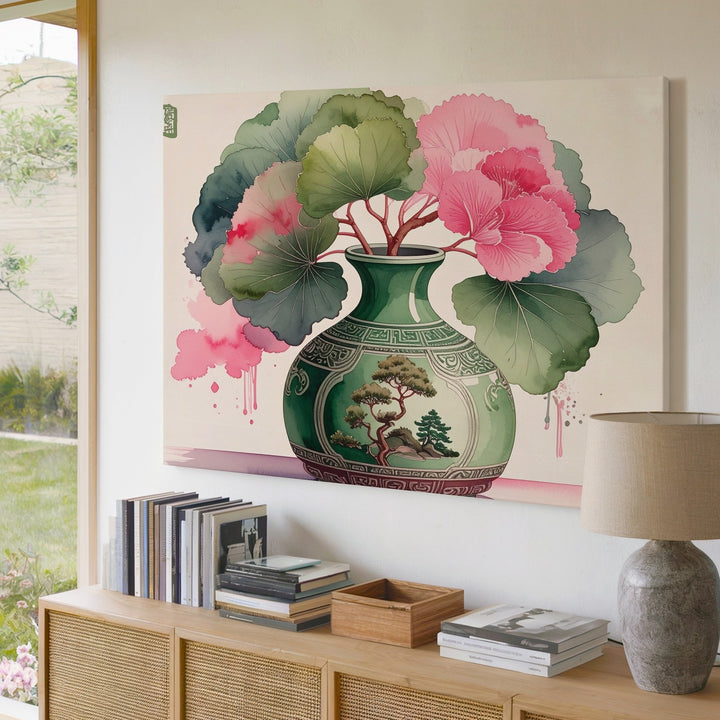Whimsical Vase & Bloom Canvas – Minimalist Watercolor with Asian Landscape Motif - Gifitto