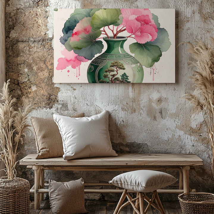 Whimsical Vase & Bloom Canvas – Minimalist Watercolor with Asian Landscape Motif - Gifitto