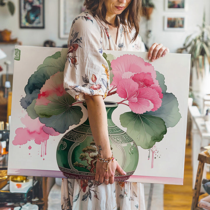 Whimsical Vase & Bloom Canvas – Minimalist Watercolor with Asian Landscape Motif - Gifitto