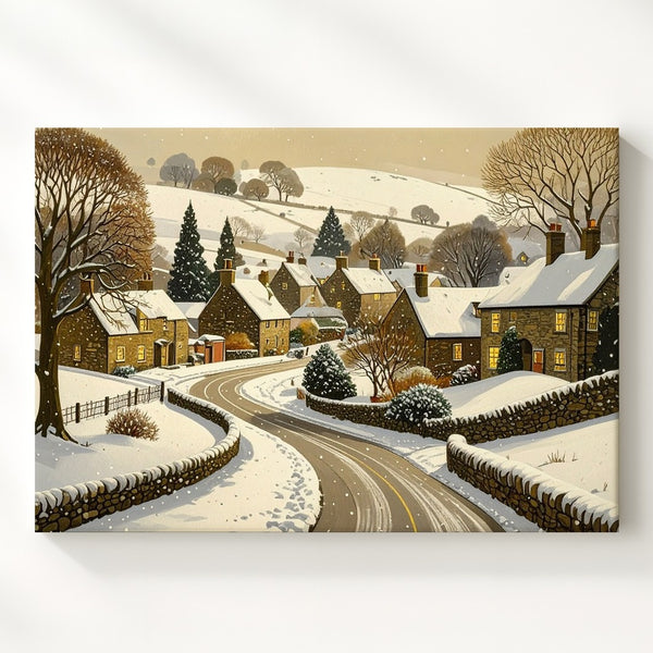 Snowy Village Path Canvas – Cozy Winter Road Scene with Glowing Homes - Gifitto