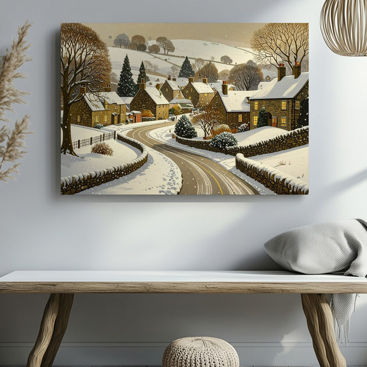 Snowy Village Path Canvas – Cozy Winter Road Scene with Glowing Homes - Gifitto