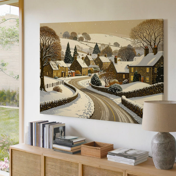 Snowy Village Path Canvas – Cozy Winter Road Scene with Glowing Homes - Gifitto