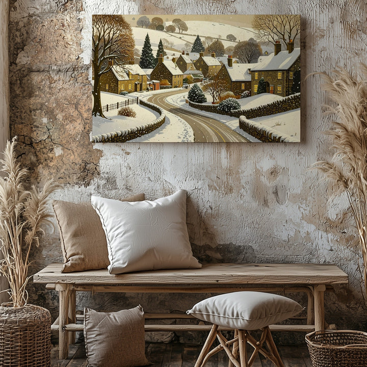 Snowy Village Path Canvas – Cozy Winter Road Scene with Glowing Homes - Gifitto