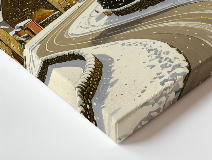 Snowy Village Path Canvas – Cozy Winter Road Scene with Glowing Homes - Gifitto