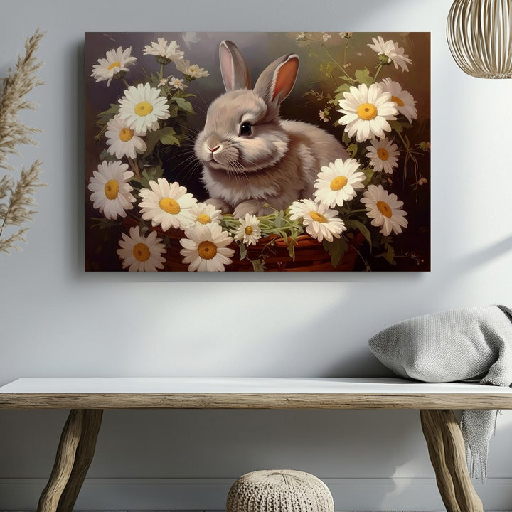 Daisy Rabbit Portrait Canvas – Serene Springtime Wall Art - Gifitto