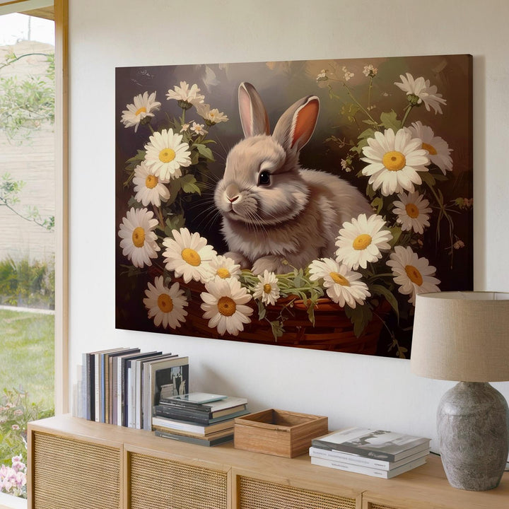 Daisy Rabbit Portrait Canvas – Serene Springtime Wall Art - Gifitto