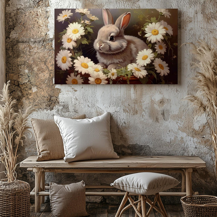 Daisy Rabbit Portrait Canvas – Serene Springtime Wall Art - Gifitto
