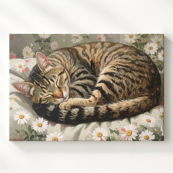 Cozy Tabby Cat Sleeping Canvas – Serene Feline Nap on Floral Blanket - Gifitto