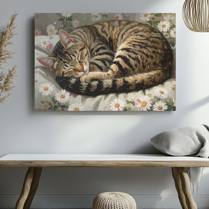 Cozy Tabby Cat Sleeping Canvas – Serene Feline Nap on Floral Blanket - Gifitto