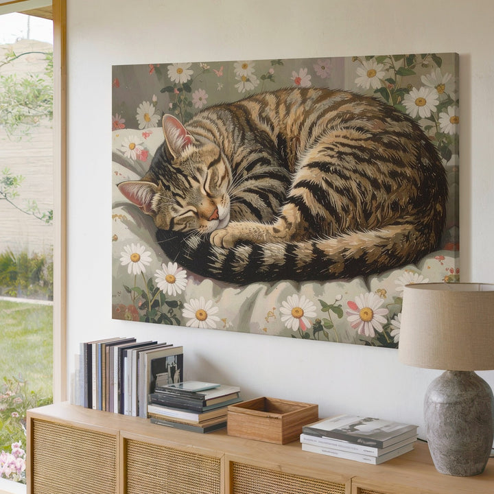 Cozy Tabby Cat Sleeping Canvas – Serene Feline Nap on Floral Blanket - Gifitto