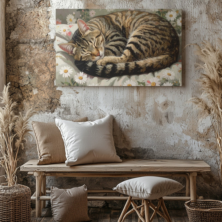 Cozy Tabby Cat Sleeping Canvas – Serene Feline Nap on Floral Blanket - Gifitto