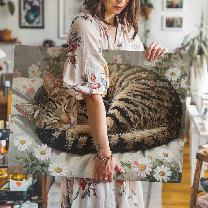 Cozy Tabby Cat Sleeping Canvas – Serene Feline Nap on Floral Blanket - Gifitto