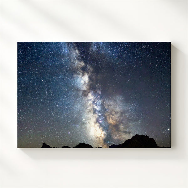 Vertical Milky Way Canvas – Radiant Galactic Core Over Mountain Silhouettes - Gifitto