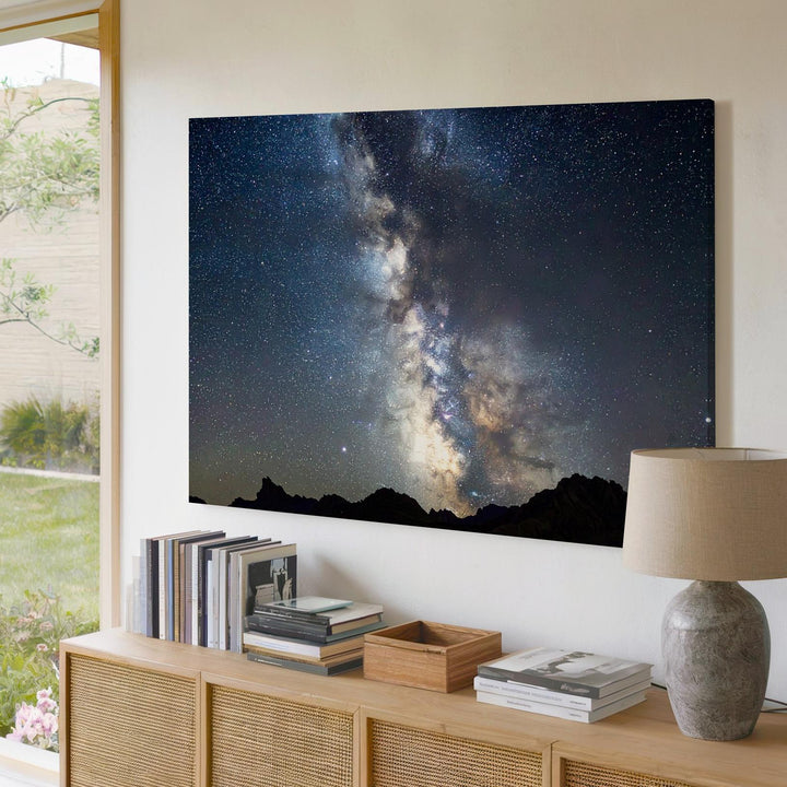 Vertical Milky Way Canvas – Radiant Galactic Core Over Mountain Silhouettes - Gifitto