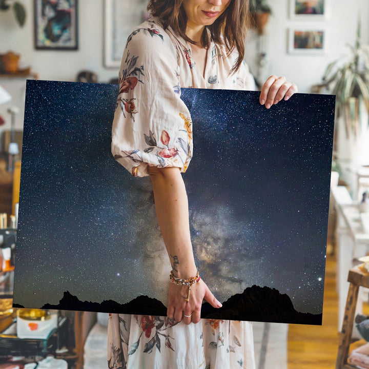 Vertical Milky Way Canvas – Radiant Galactic Core Over Mountain Silhouettes - Gifitto